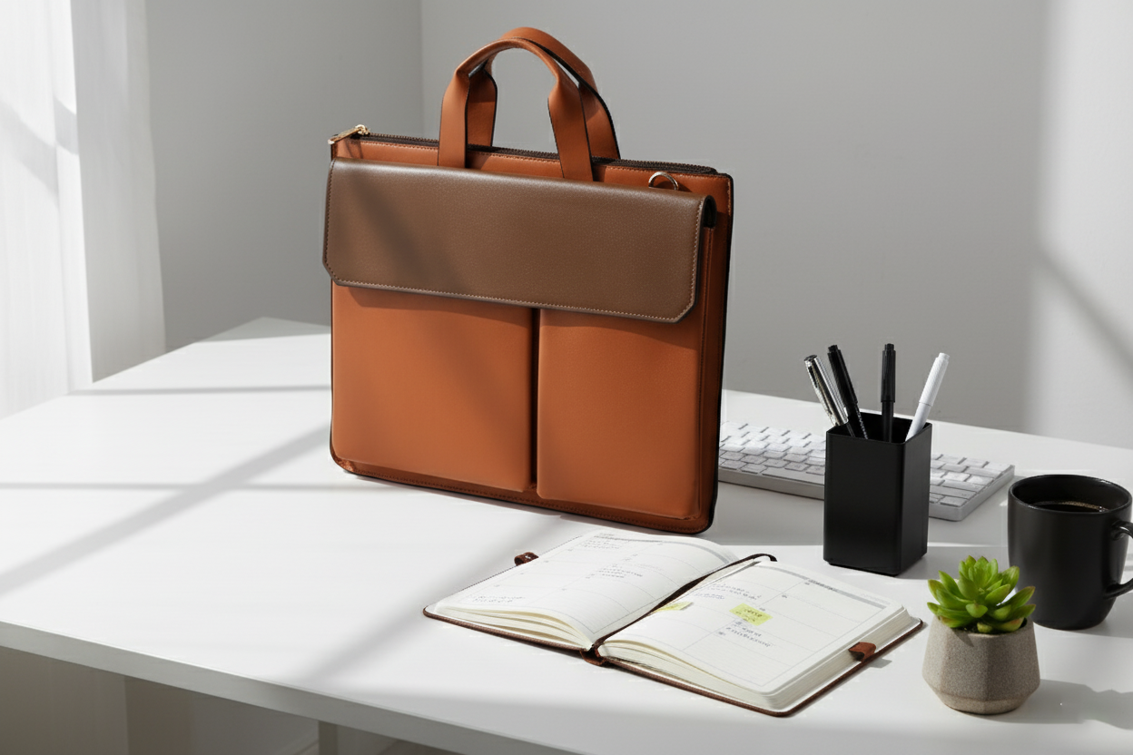 Designer Leather Briefcase - Tan Body with Brown Flap