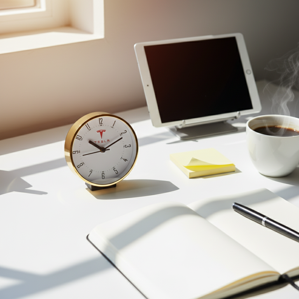 Clock with coffee and notebook