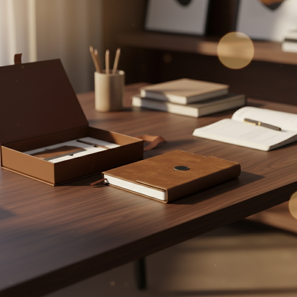 Close-up of leather notebook