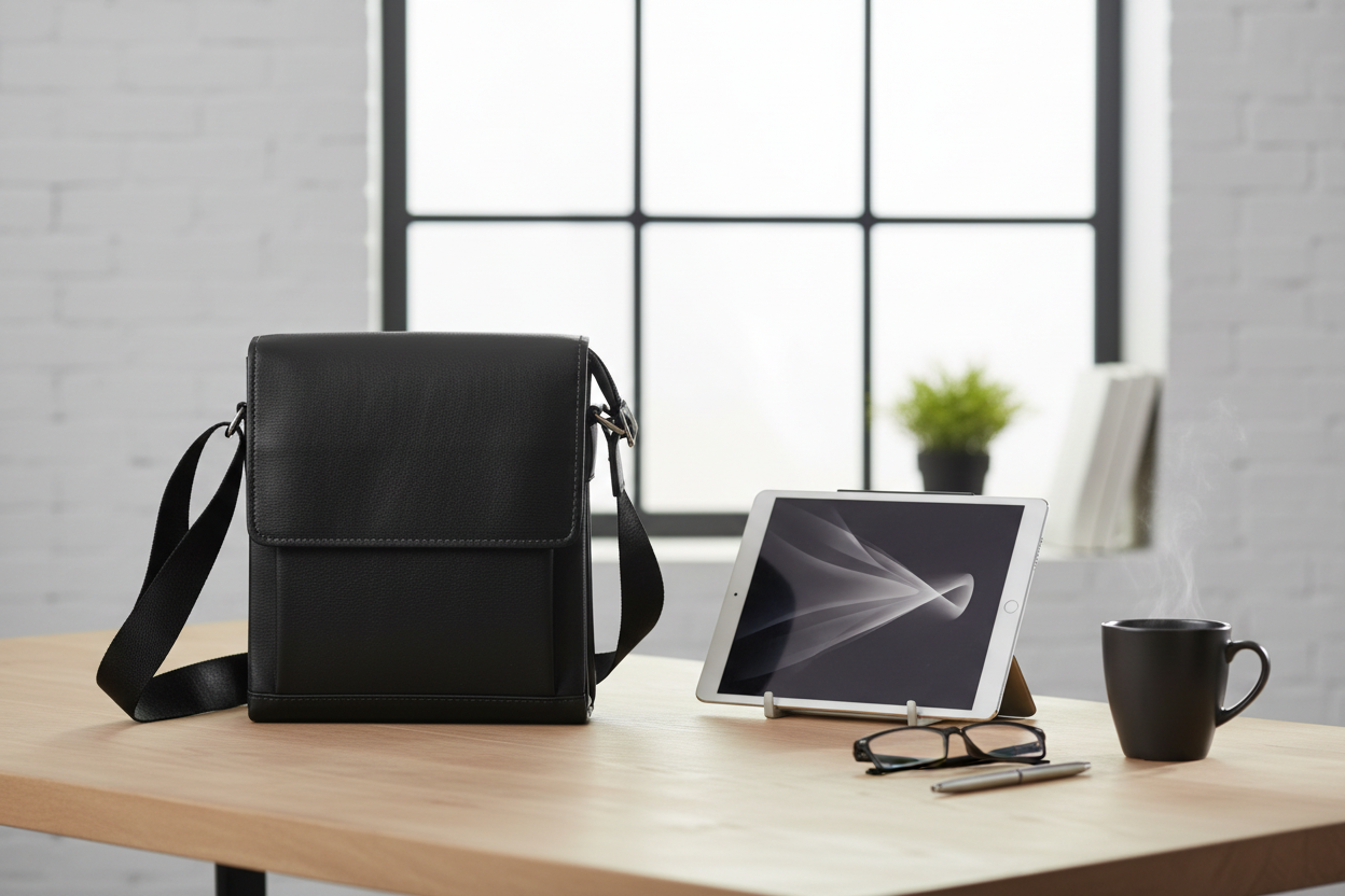 Desk setting with tablet and coffee