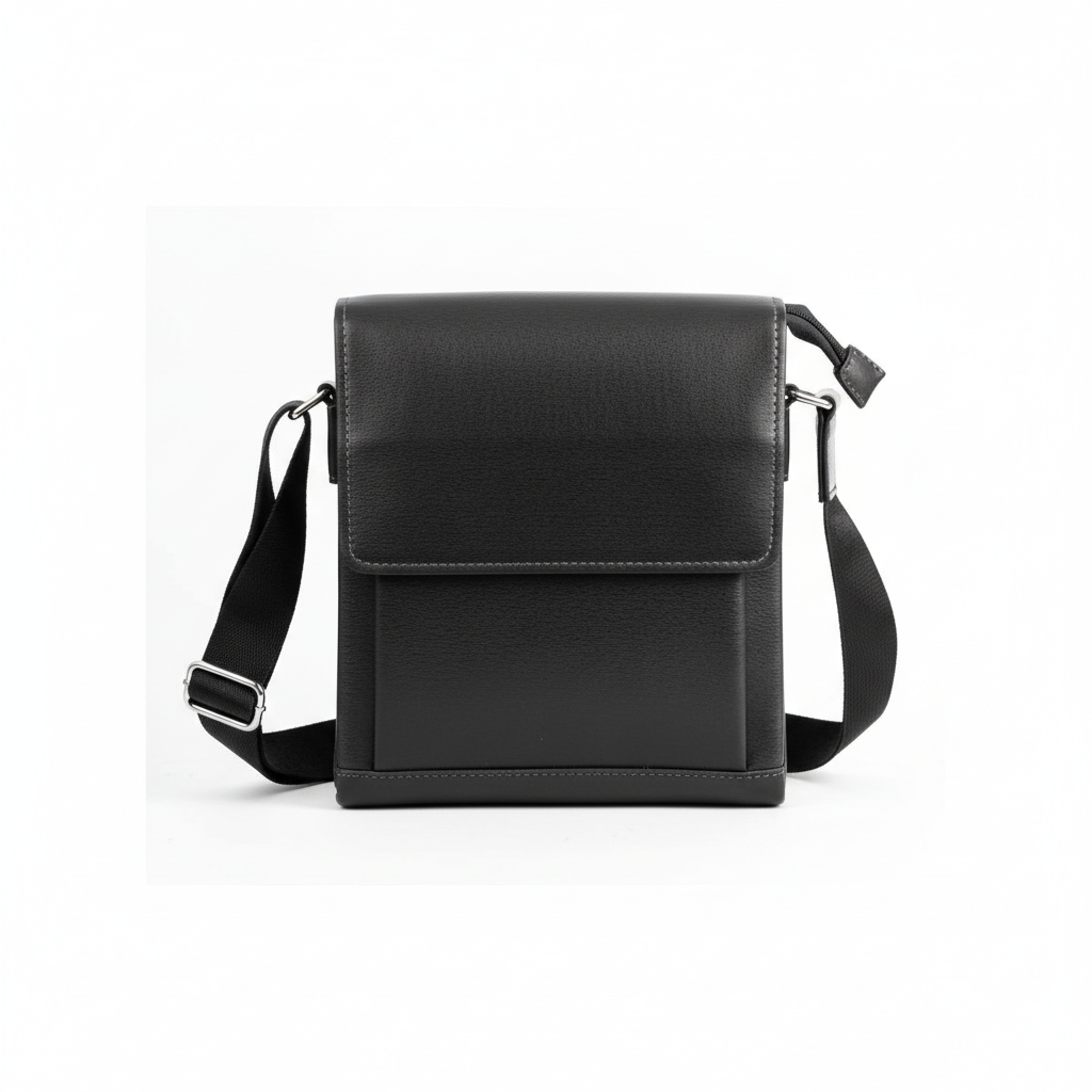 Front view of black crossbody bag