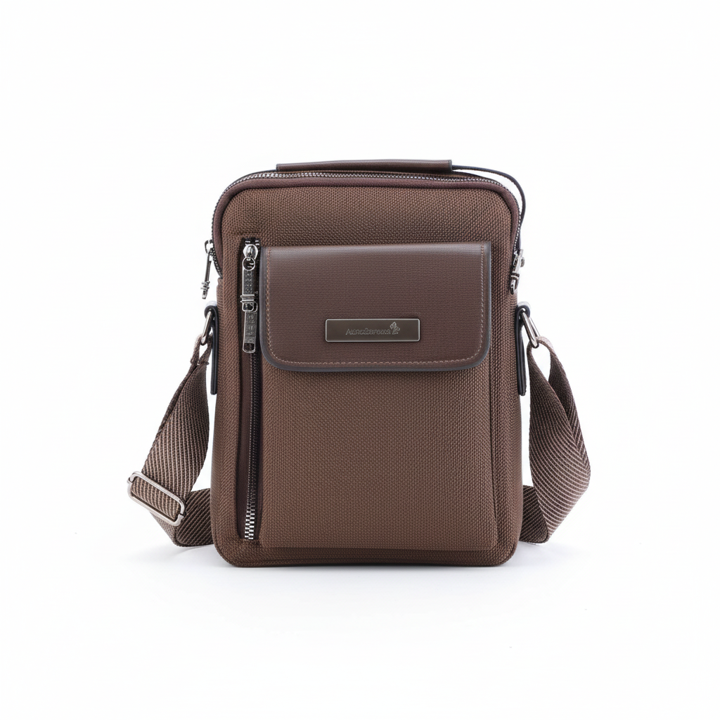 Front view of brown canvas crossbody bag